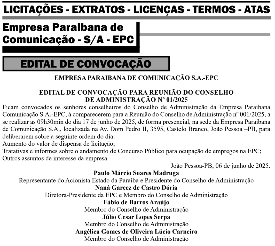 Conselho de Administração da EPC PB debaterá concurso