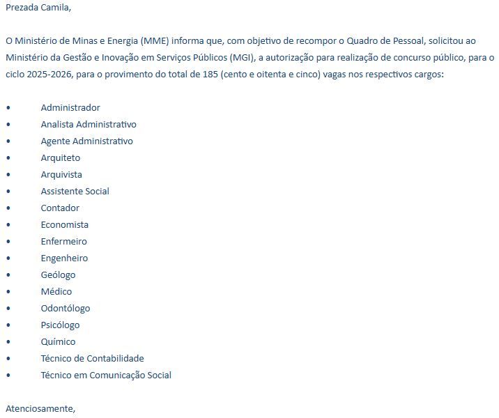 Concurso MME: 185 vagas foram solicitadas para novo edital