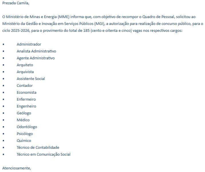 185 vagas são solicitadas para novo concurso MME!
