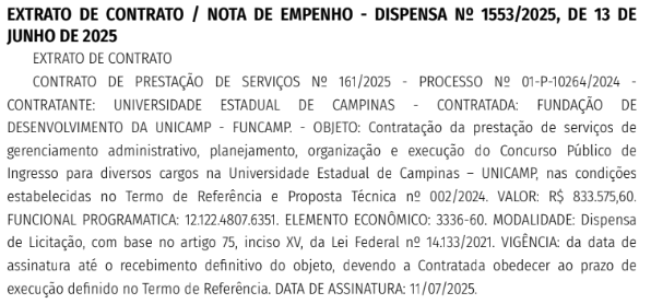Publicado extrato de contrato com a banca