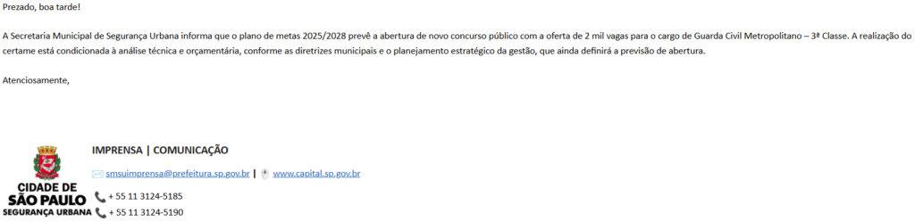 Novo edital da GCM SP pode ser publicado ainda em 2025