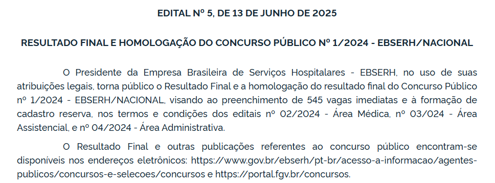 Concurso EBSERH é homologado