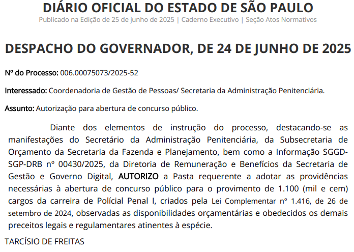 Autorização para 1.100 vagas para o cargo de Policial Penal