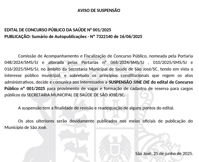 Concurso SMS São José está suspenso