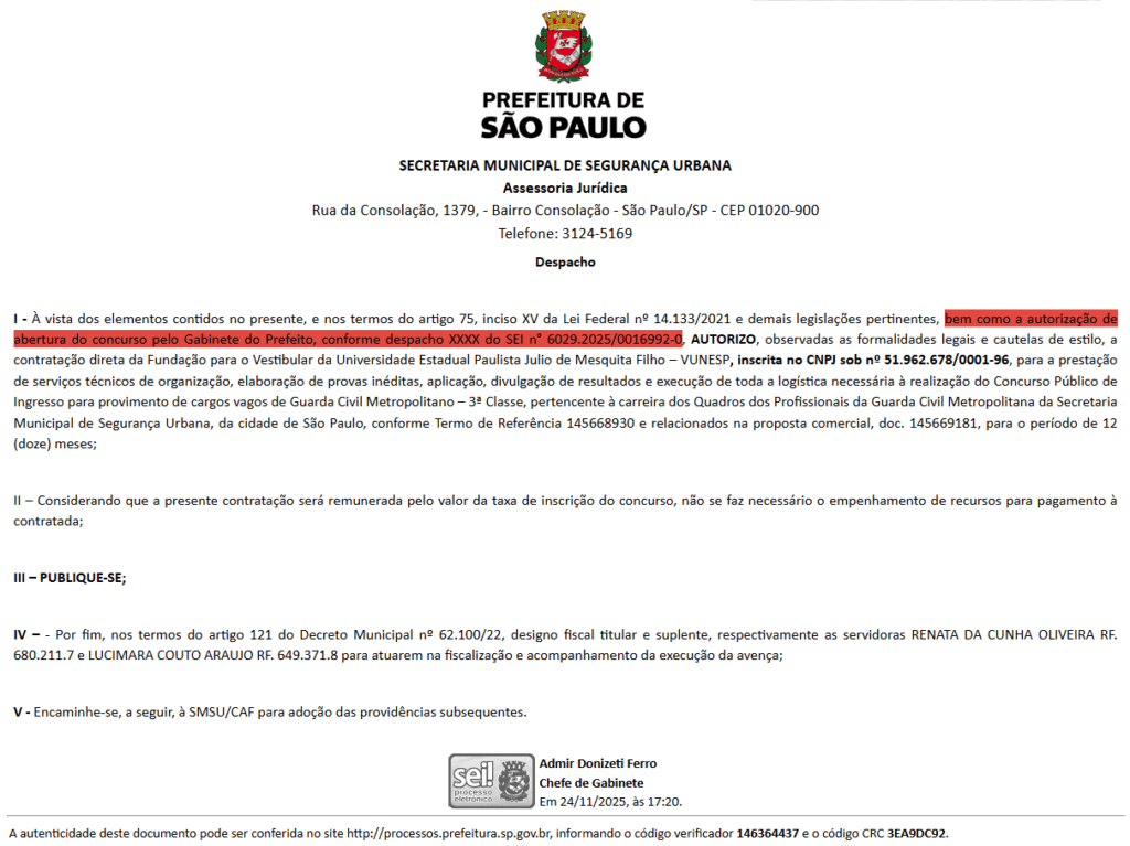 Contratação da Vunesp é autorizada em publicação no Diário Oficial