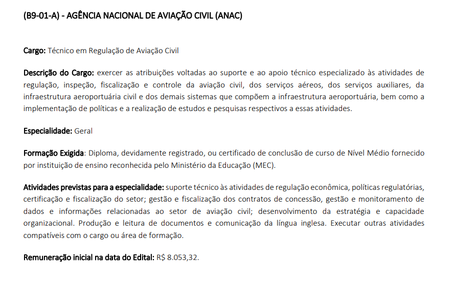 Quadro de informações sobre a o que faz um Técnico em Regulação de Aviação Civil do edital do CNU 2025 nível médio
