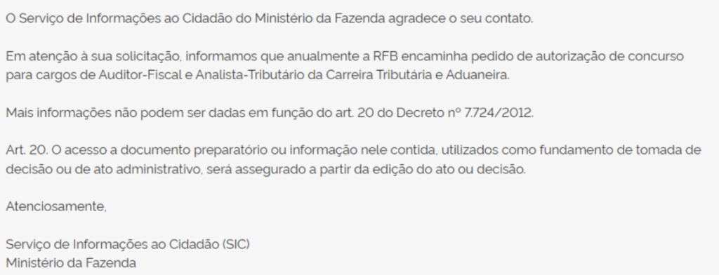 Informações onde consta um novo pedido de edital para o Concurso Receita Federal sendo realizado.
