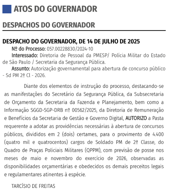 Concurso PM SP autorizado para 4.400 vagas