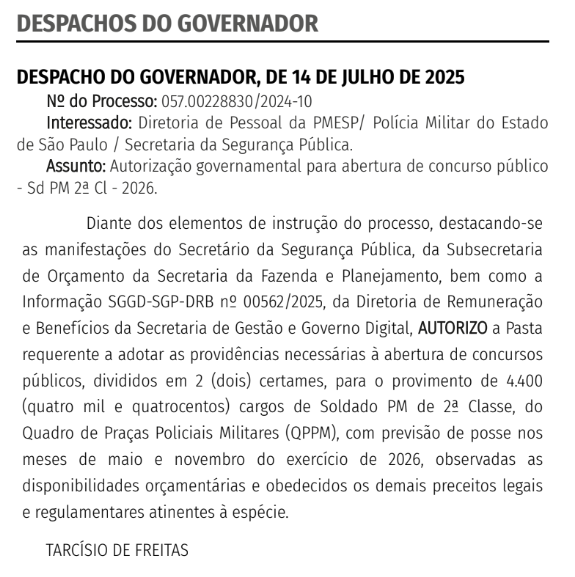 Autorizado concurso PM SP Soldado