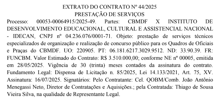 Extrato de contrato do IDECAN para o concurso Bombeiro DF