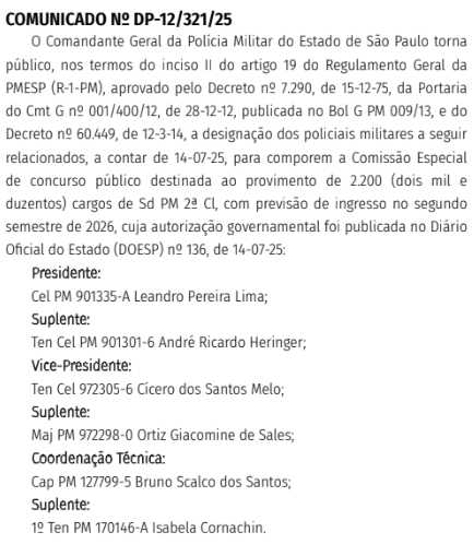 Membros da comissão do concurso PM SP Soldado