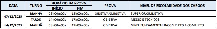 Turnos e datas de aplicação das provas do concurso Juruti