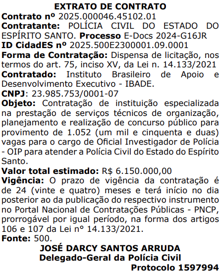Extrato de contrato sela a contratação da empresa para organização do concurso PC ES