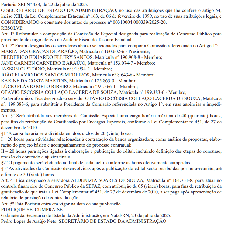 Comissão de membros do concurso Sefaz RN é alterada