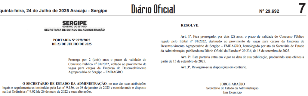 Concurso EMDAGRO: validade prorrogada por 2 anos