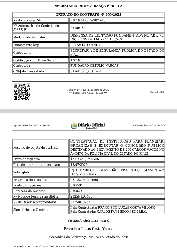 Concurso PC PI: extrato com a FGV