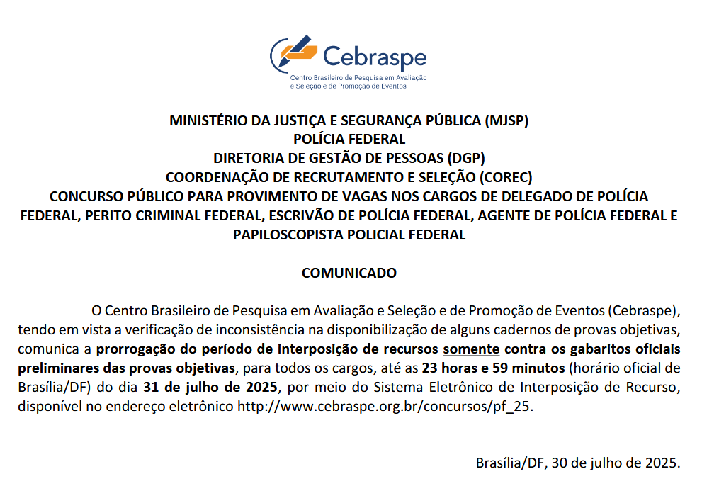 Prorrogado o prazo para recursos contra os gabaritos das provas do concurso PF