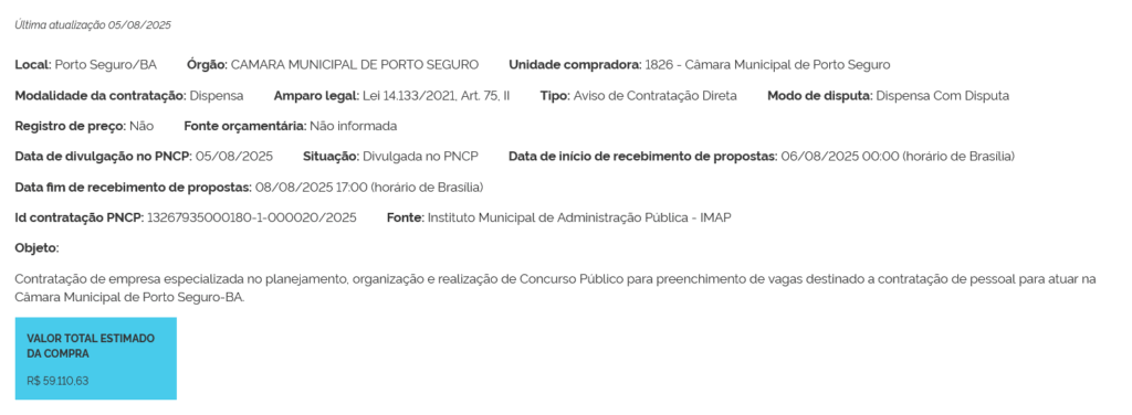 Contratação da banca do concurso Câmara Porto Seguro BA iniciada