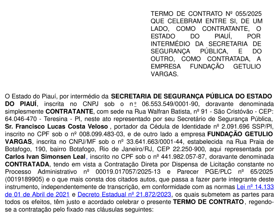 Contrato assinado com a FGV para o concurso PC PI 2025