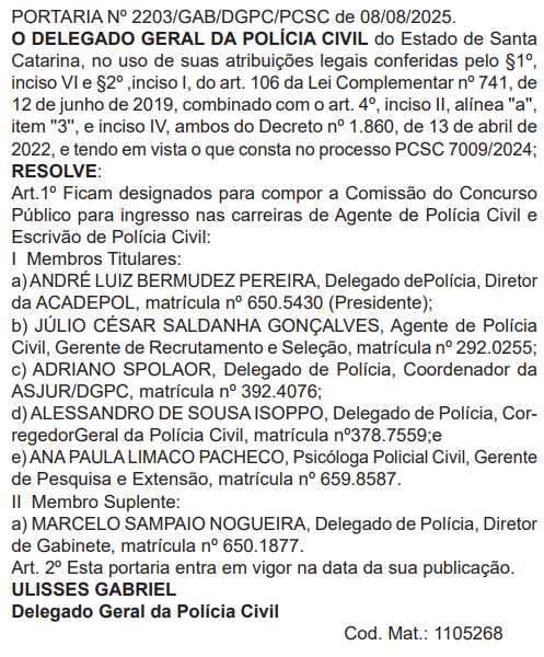 Comissão do concurso Polícia Civil SC