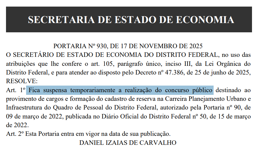 Concurso Planejamento Urbano DF: edital é SUSPENSO