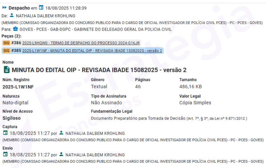 Nova movimentação no concurso PC ES certifica a revisão da minuta do edital