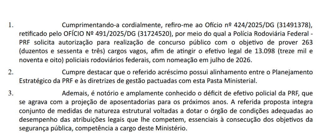 concurso PRF solicitado para provimento de 263 vagas