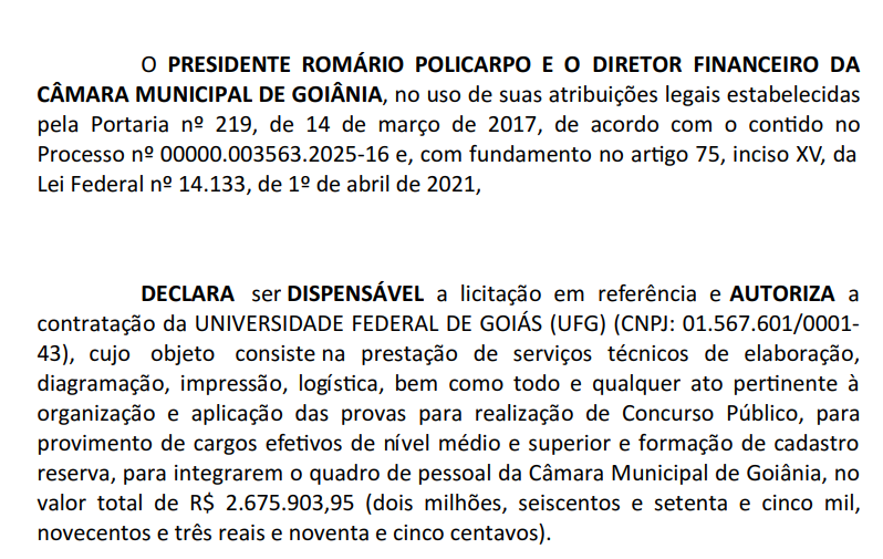 Banca contratada do concurso Câmara de Goiânia