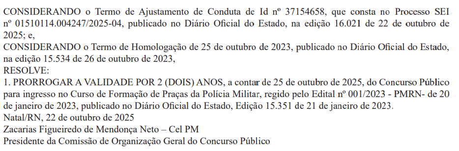 Validade do concurso PMRN prorrogada até 10/2027