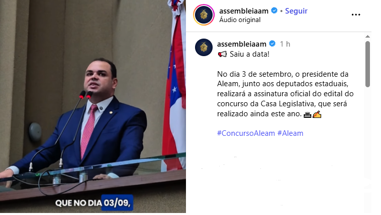 Informação foi divulgada no perfil da ALEAM | Imagem: reprodução Instagram