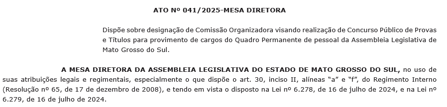 Novo concurso AL MS tem comissão formada