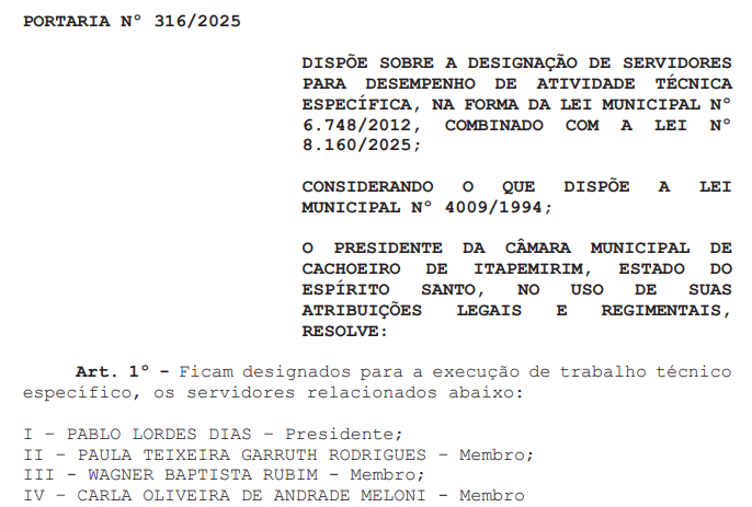 Membros que passam a compor a comissão do concurso Câmara de Cachoeiro de Itapemirim