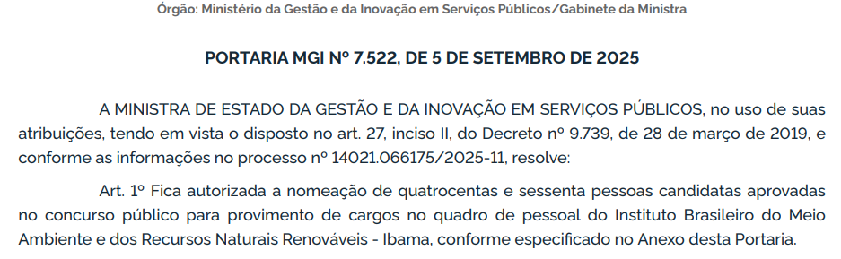 Autorizada a nomeação de 460 aprovados no concurso IBAMA