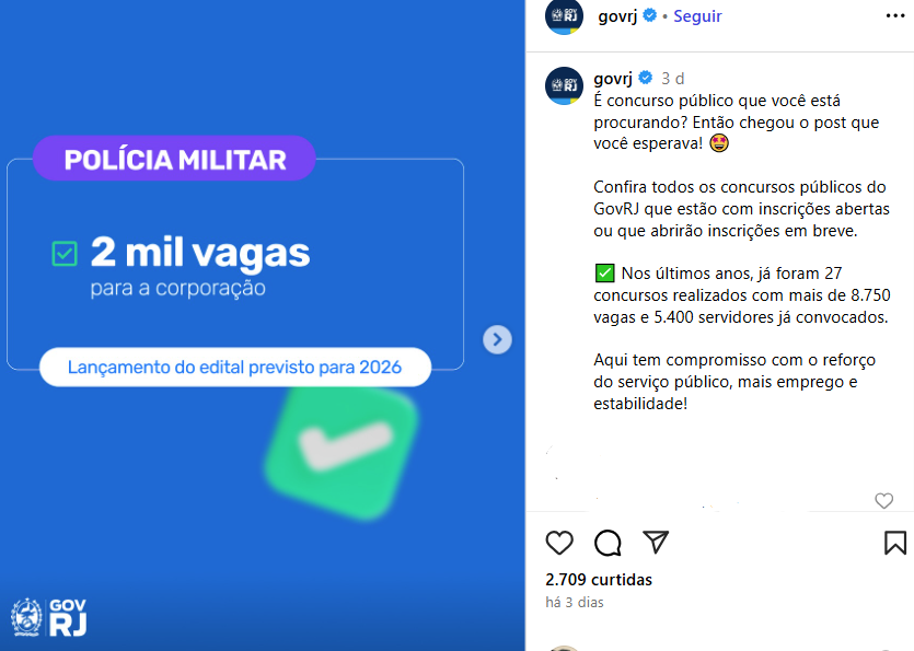 Edital do concurso PMERJ é previsto a partir de 2026 / Imagem: divulgação/Instagam