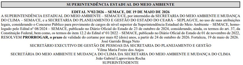 Concurso SEMACE tem validade prorrogada até 2028