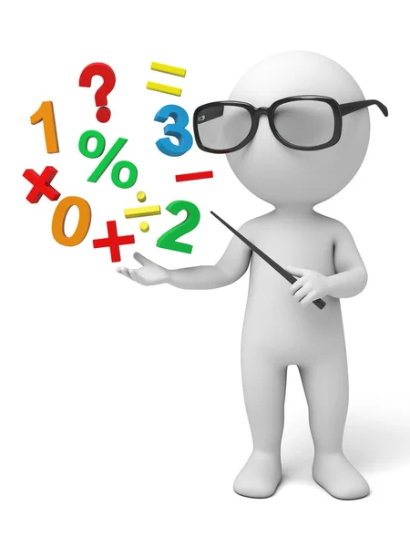 Boneco de óculos manipulando símbolos matemáticos