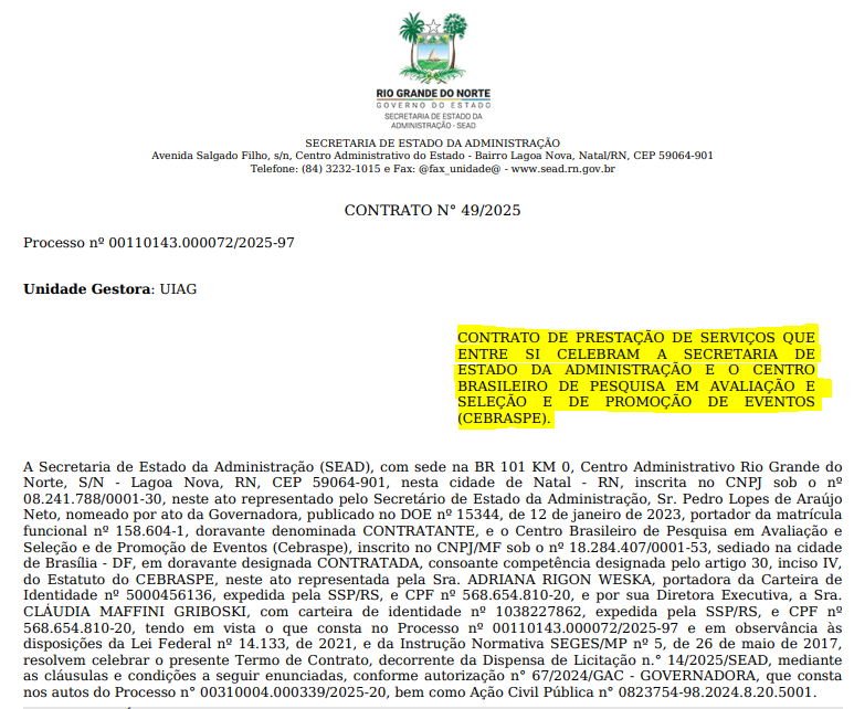 Informativo do DOU de que a banca do concurso Sefaz RN foi contratada.