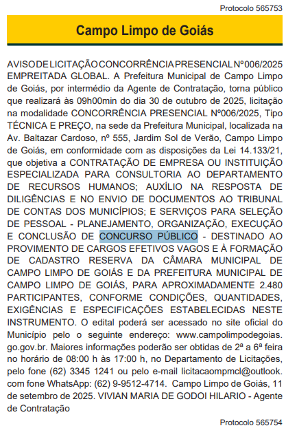 Licitação Concurso Campo Limpo de Goiás