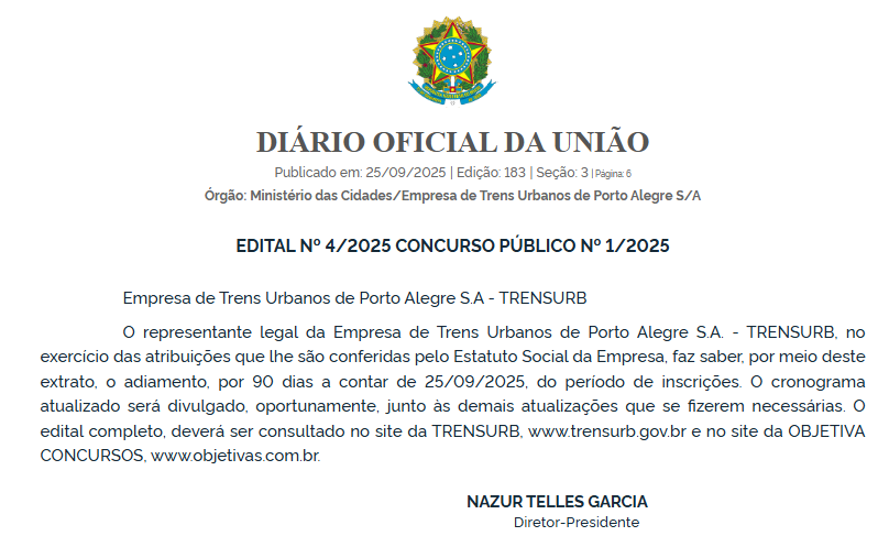 concurso Trensurb: adiamento das inscrições