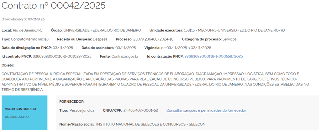 Publicação sela a contratação do Instituto Selecon