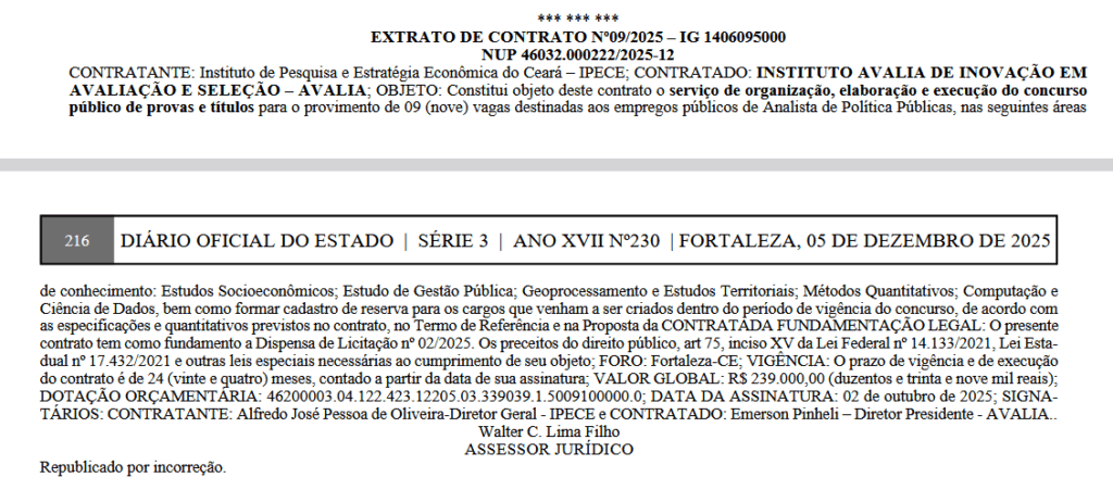 Concurso Ipece tem extrato de contrato divulgado