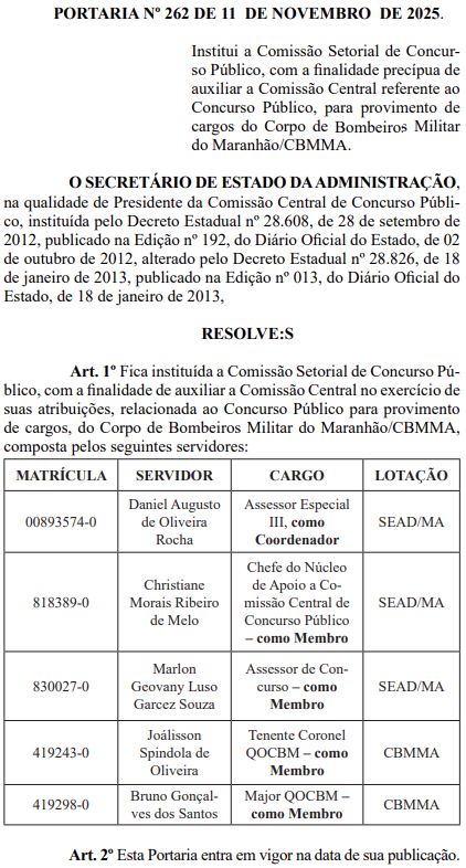 Membros designados para a comissão setorial do concurso Bombeiro MA