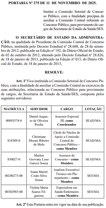 Membros da comissão setorial do concurso SES MA