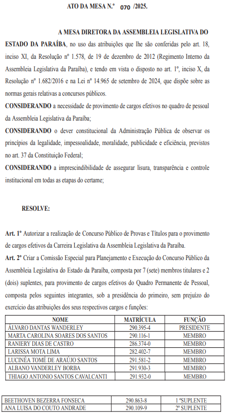 Concurso AL PB autorizado e com comissão formada