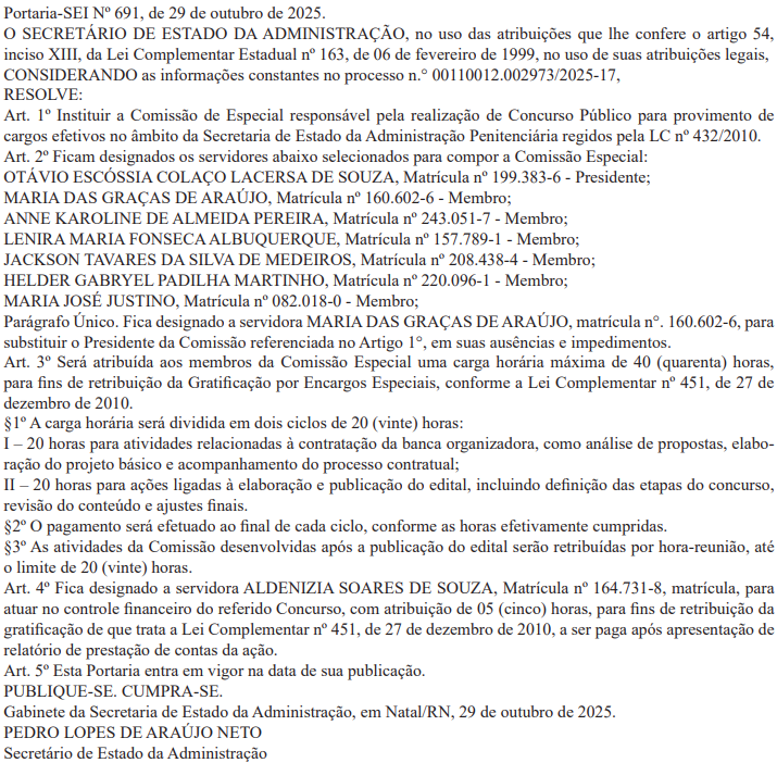 Membros da comissão do concurso PP RN