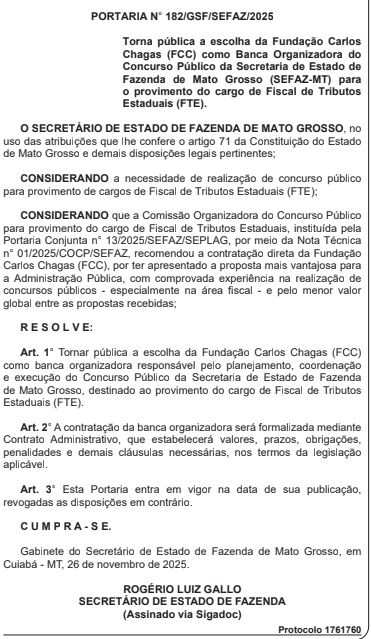 Concurso Sefaz MT 2025: FCC é oficializada como banca!