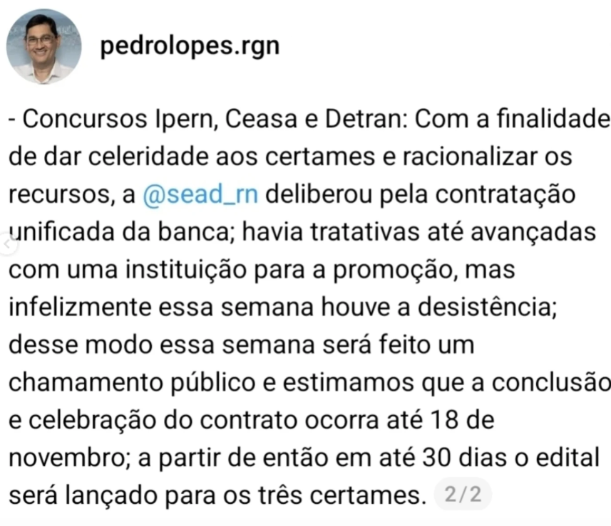 Secretário Pedro Lopes informa o andamento dos trâmites dos concursos públicos do RN