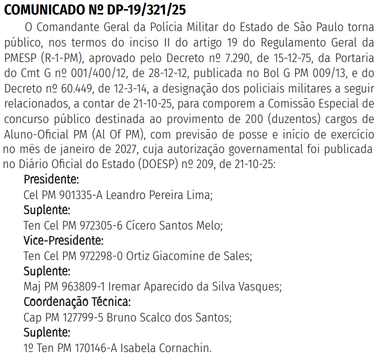 Comissão do novo concurso PM SP Oficial