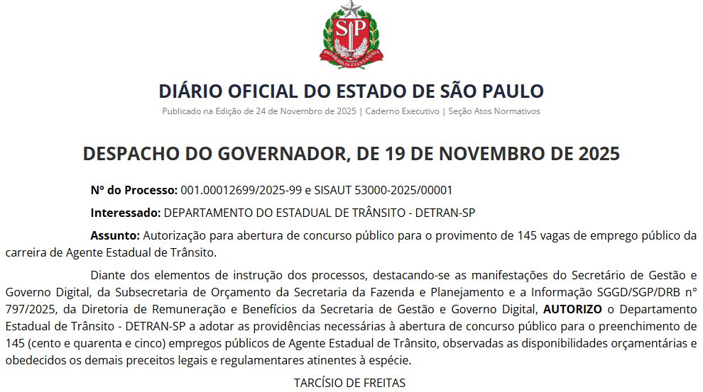 Despacho de autorização do novo concurso Detran SP