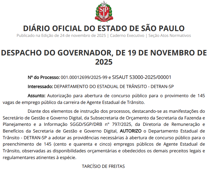 Despacho autoriza novo edital do Detran SP com 145 vagas para Agente de Trânsito